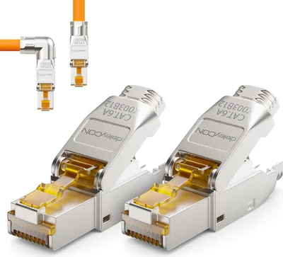 Produktbild von deleyCON 2x CAT 6a Netzwerkstecker 90° Winkel Stecker RJ45 Werkzeuglos Geschirmt 10Gbit/s Netzwerk Stecker für Rohkabel Verlegekabel Steckverbinder RJ45 Ethernet LAN DSL Patchkabel