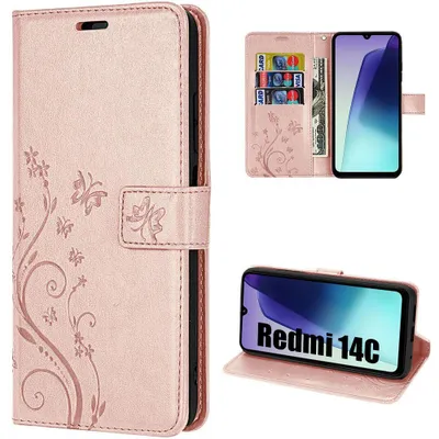 Image de Coque pour Xiaomi Redmi 14C, Protection Anti-Rayures Antichoc Synthécuir Motif Floral Papillon - Rose