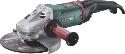 A Metabo angle grinder is shown against a white background.