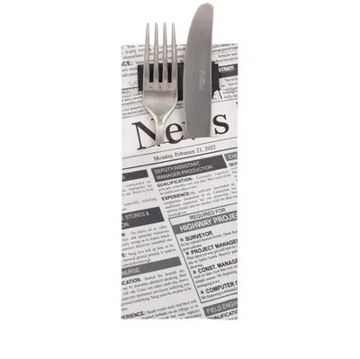 Produktbild von Bestecktaschen 20 cm x 8,5 cm schwarz/weiss "Newsprint" inkl. schwarzer Serviette