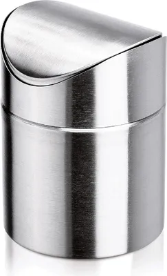 A close-up studio shot of a stainless steel trash can with a flip lid.