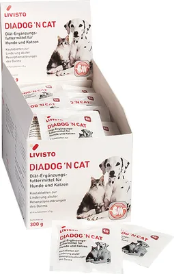 A box of Livisto Diadog 'N Cat chewable tablets for dogs and cats, with individual packets shown.