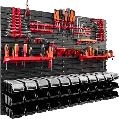 A tool organization system mounted on a wall, featuring various tools and storage bins.
