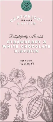 Produktbild von Strawberry and White Chocolate Biscuits, Biscuits mit weißer Schokolade und Erdbeeren, 200 g, Cartwright & Butler, England
