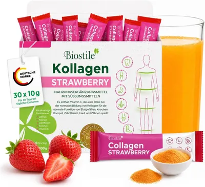 Produktbild von Biostile Collagen Strawberry – 30 Beutel mit 5 Quellen von hydrolysiertem Kollagen, Vitamin C, Kurkumin und Shilajit für Haut, Gelenke und Knochen