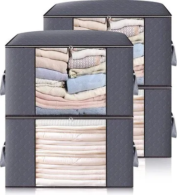 Imagen del producto de Uniqoos® Juego de 4 bolsas de almacenamiento grandes, de 60 x 40 x 35 cm (84 litros) – Bolsas plegables para ropa y ropa de cama, fabricadas con tela no tejida transpirable y sin olor, con asas reforzadas, cremallera de doble sentido y ventana transparente