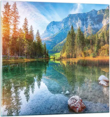 Produktbild von Bilder auf glas - Einteilig - Landschaft Berge Morgendämmerung - 60x60cm - Glasbilder - Wandbilder - Bilder - Wanddekoration aus Glas - Glas Bilder - Wandbild auf Glas - GAC60x60-4456