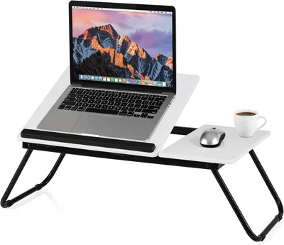 Produktbild von Laptoptisch klappbar, 4-Fach höhenverstellbar (Weiß) | Betttisch Notebooktisch faltbar, Betttablett Lapdecks, Arbeitstisch aus MDF, Metall, Tisch fürs Bett Sofa Boden, 55x32x23 cm