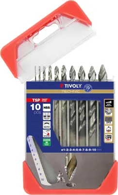 Obrázek produktu pro 10 kovových vrtáků Premium TSP HSS broušených - stupňovité ostření - Ø 1 až 10 mm - TIVOLY - 11457070001
