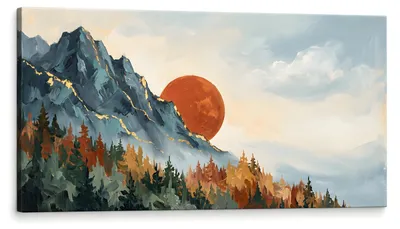 Immagine prodotto di con paesaggio montano al tramonto e dettagli dipinti a mano – quadro su tela per il soggiorno 100x50 cm, rifinito a mano, foglia oro | Papilora