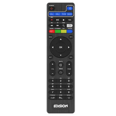 A black remote control with various buttons and labels, presented on a white background.