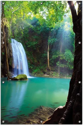 Produktbild von Wallario Outdoor-Poster für Garten oder Balkon, Motiv Wasserfall im Wald am See  Idylle in Thailand, in ca. 100 x 150 cm