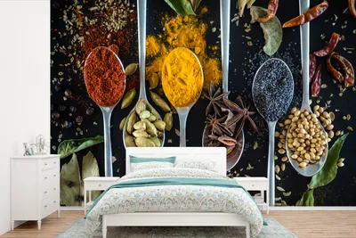 Produktbild von MuchoWow® Fototapete für Wohnzimmer oder Schlafzimmer Wandtapete Vinyl Motivtapete Kräuter - Löffel - Gewürze - Schwarz - Küche - 360x240 cm - Vinyl-Tapete