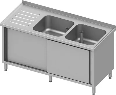 Produktbild von Spülschrank mit Schiebetüren, 1500x700x850 mm, mit zwei Becken rechts, mit Aufkantung, verschweißt