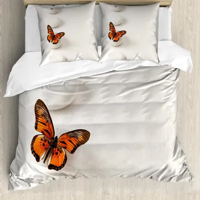 Produktbild von ABAKUHAUS Spa Bettbezug Set, Plain Pattern Mit Schmetterling Und Rocks Wellness Purity Healing Serenity Bohemian, 155 x 220 cm + 80 x 80 cm, Orange Weiß