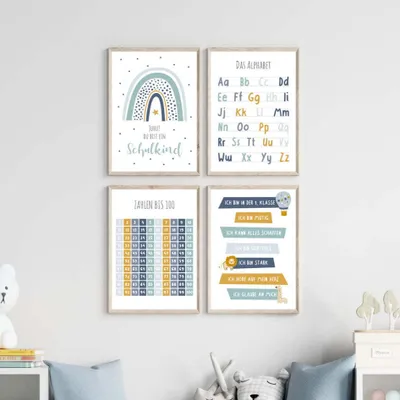 Immagine prodotto di Poster didattici MeinBaby123® | Set da 4 in formato A4 | Alfabeto ABC, numeri blu