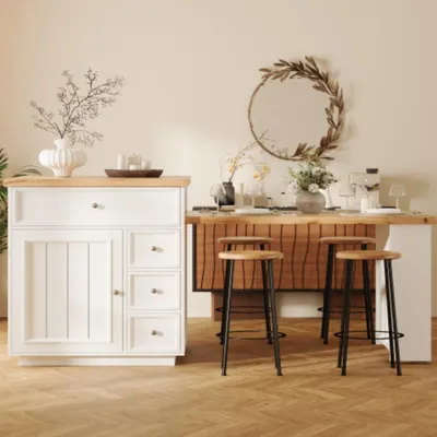 Produktbild von Ausziehbare Kücheninsel (120-184 cm) mit Schubladen und Rollen, Esstisch Fahrbare Kücheninsel mit Tischplatte, Vielseitige Thekeninsel für Küche