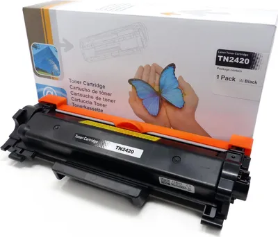 A toner cartridge and its packaging are displayed against a white background. The packaging features an illustration of hands holding a blue butterfly.