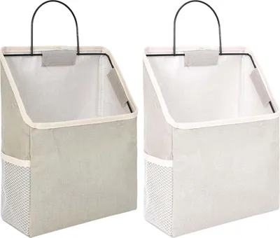 Produktbild von 2 Stücke Hängetasche Wand Aufbewahrungstasche Hängend, Wandkorb Stoff mit Metallrahmen, Grau und Weiß, Leinen Hängekorb mit Haken für Eingang Garderobe Schrank Badezimmer Tür