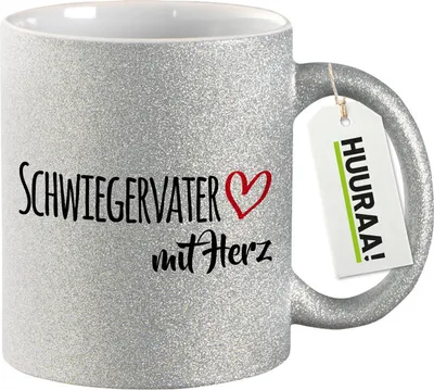 Produktbild von Huuraa Glitzertasse Schwiegervater mit Herz 330ml Silber Keramik Kaffeebecher Geschenkidee