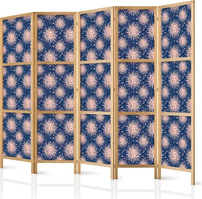 Produktbild von 5-teiliger Einseitiger Vlies Japanischer Paravent - Sunny Patterns - Repeating Sun Motif on a Navy Background 225x172 cm f-B-10170-bh-b
