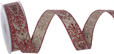 Produktbild von Leinenstrukturband mit Glitzer-Ornamenten - Rot - mit Drahtkante - Weihnachten - ca. 25 mm Breite - 10 m Länge - 93132-25-10-30