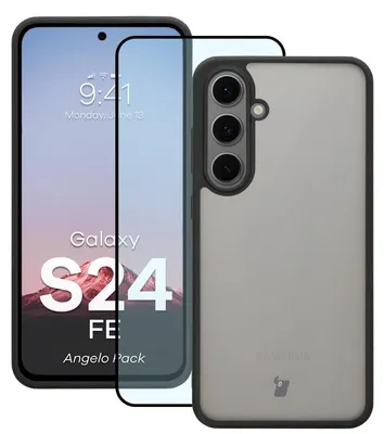 Produktbild von Schutzhülle + gehärtetem Glas Bizon Angelo Pack für Galaxy S24 FE, Getönte mit schwarzem Rahmen