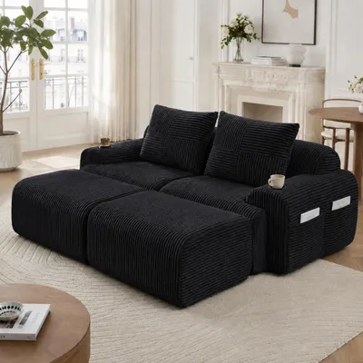 Image de Canapé modulaire Cordsofa, 2 places, avec 2 repose-pieds, porte-gobelets et poche latérale, couleur noire, dimensions : 200x174x80 cm
