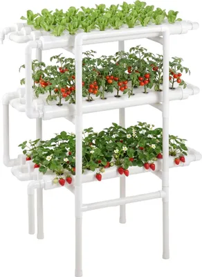 Image de Kit de culture hydroponique, kit de culture hydroponique à 3 niveaux et 108 emplacements avec tuyaux en UPVC, irrigation programmée, tuyaux hydroponiques épaissis, kits de culture pour légumes d'intérieur, pour fruits et herbes aromatiques