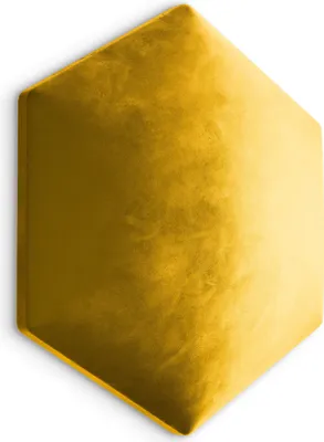 A single hexagonal acoustic panel in a yellow velvet finish, shown in a studio shot against a white background.