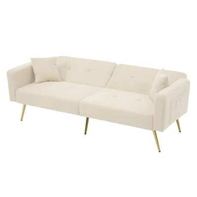 Produktbild von Schlafsofa 175x64cm mit Bettfunktion Tagesbett Daybett Verstellbarem Winkel Goldenen Beinen Mit Kissen und seitlichen Aufbewahrungstaschen Samt Beige