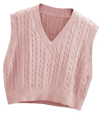 Produktbild von Damen-Strickweste mit V-Ausschnitt,einfarbig,Argyle-Karo,Preppy-Stil,ärmellos,kurze Strickweste