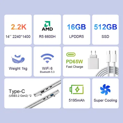 Image de Ordinateur portable 14 pouces, processeur AMD Ryzen 5, 16 Go de RAM, disque SSD de 512 Go, écran IPS 2240x1400