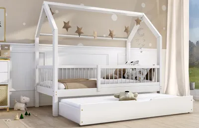 Produktbild von ZORI BIS2 Holzbett Kinderbett Hausbett 70x140 Weiß 100% Kieferholz Schutzgitter 2 Lattenroste Kiefer Schubkasten mit Schlaffunktion