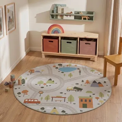 Produktbild von Volero - Auto Spielteppich Rund - Rocky Ride Grau - Ø 120 cm - Kinderzimmer, Babyzimmer