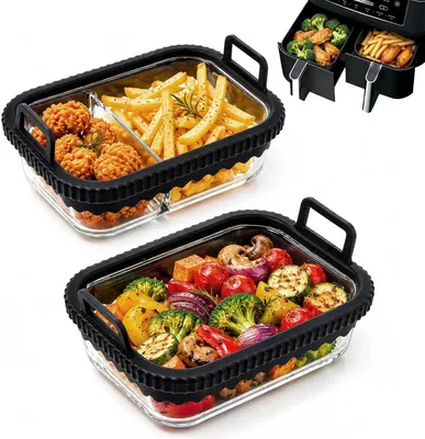Obrázok produktu pre Sada dvoch kompaktných fritéz, príslušenstvo pre fritézy, sklenená forma na pečenie pre modely Ninja AF400EU/DZ400EU/AF500EU/COSORI, vrátane varianty s rozdelením a bez rozdelenia, s odnímateľnou rukoväťou