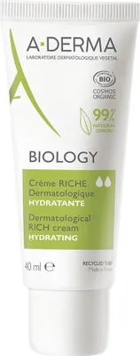 A product shot of a tube of A-Derma BIOLOGY rich hydrating cream.