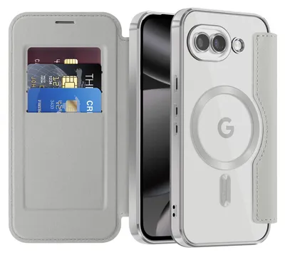 Image de Étui pour Google Pixel 10A compatible MagSafe, étui transparent avec porte-cartes, étui en cuir avec protection pour l'appareil photo - Argent