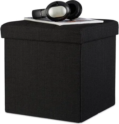 Immagine prodotto di Pouf pieghevole con vano portaoggetti in lino 38 x 38 x 38 cm quadrato - coperchio rimovibile - poggiapiedi nero
