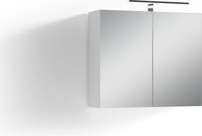 A modern bathroom cabinet with mirrored doors and an LED light strip above it, casting a shadow on a white wall.