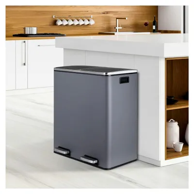 Produktbild von Mülleimer mit 2 Fächern, Abfalleimer für die Küche 60L (2x 30 Liter), aus Metall, mit Softclose-Deckel, 2 Kunststoff-Inneneimer, Griffe, rechteckig, Doppelfach-Treteimer - Grau