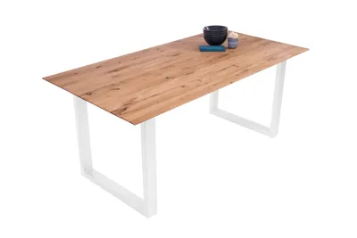 Produktbild von Esszimmertisch Schweizer Kante eckig massiv & geölt Eiche 200x100 weiß U-Gestell Lotte