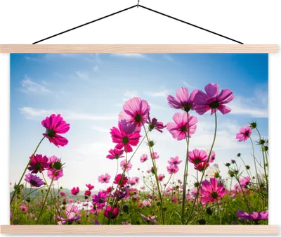 Produktbild von MuchoWow® Textilposter Blumen - Rosa - Cosmea 120x80 cm mit holzfarbenen Rahmen - Aufhängeset