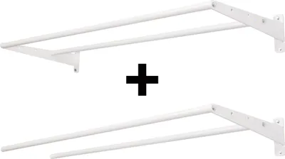 Two white wall-mounted towel racks are shown, separated by a black plus sign.
