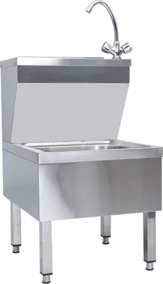 A stainless steel sink with a faucet, shown from the front.