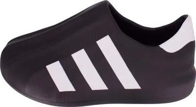 A black Adidas shoe with white stripes.