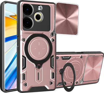 Produktbild von Handyhülle für Tecno Pova 6 Neo 4G Dual-Layer Stoßfest Rüstung Hülle mit Dia Kameraschutz und Kreisförmig Ring Ständer Roségold