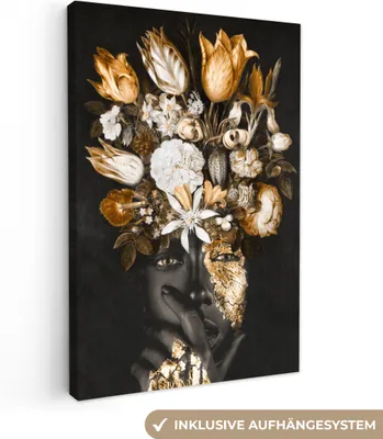 Obrázek produktu pro OneMillionCanvasses® - Plátno - Žena - Květiny - Zlatá, nástěnná malba, nástěnné dekorace obrazy obývací pokoj, 60x90cm