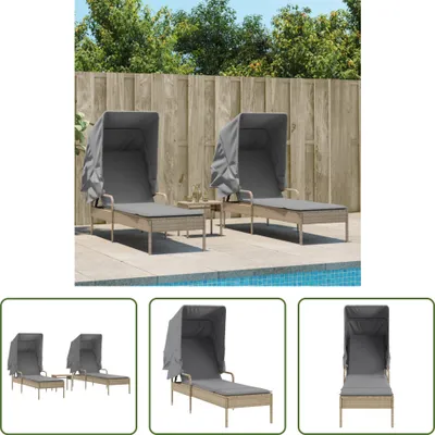 Image de The Living Store Bains de soleil 2 pcs. avec toit et table Beige Poly Rattan