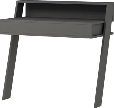 A dark gray desk with a drawer and a shelf above, shown against a white background.